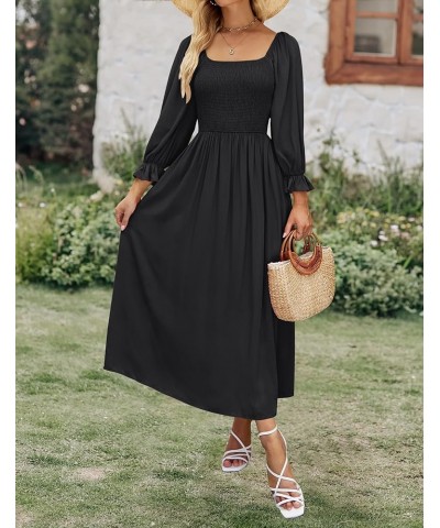 Women's Casual Square Neck 3/4 Puff Sleeve Solid Color Smocked High Waist Flowy Midi Dress Black $20.99 Dresses