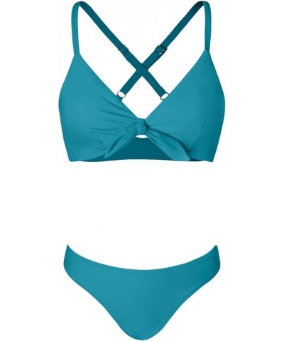 Women's Two Piece Bikini Set Floral Print Knot Bunny Tie Teal Blue $17.86 Swimsuits