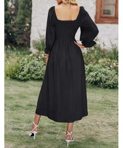 Women's Casual Square Neck 3/4 Puff Sleeve Solid Color Smocked High Waist Flowy Midi Dress Black $20.99 Dresses