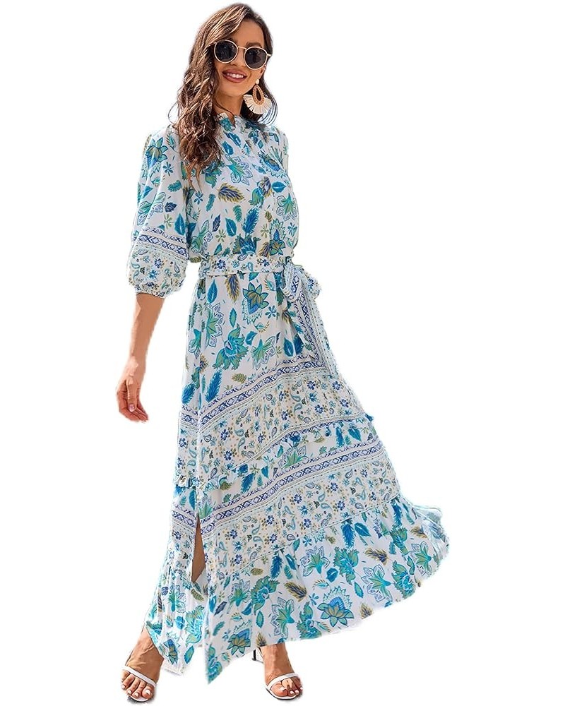 Women 3/4 Sleeves Front Buttons Floral Print Casual Bohemian Maxi Dresses Green $21.27 Dresses