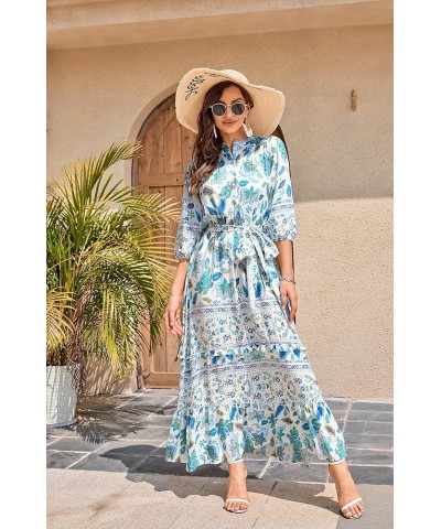 Women 3/4 Sleeves Front Buttons Floral Print Casual Bohemian Maxi Dresses Green $21.27 Dresses