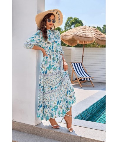 Women 3/4 Sleeves Front Buttons Floral Print Casual Bohemian Maxi Dresses Green $21.27 Dresses