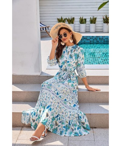 Women 3/4 Sleeves Front Buttons Floral Print Casual Bohemian Maxi Dresses Green $21.27 Dresses