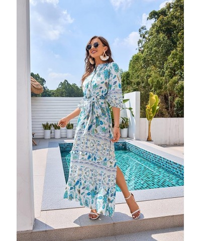 Women 3/4 Sleeves Front Buttons Floral Print Casual Bohemian Maxi Dresses Green $21.27 Dresses