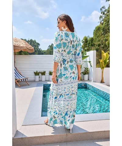 Women 3/4 Sleeves Front Buttons Floral Print Casual Bohemian Maxi Dresses Green $21.27 Dresses