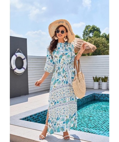 Women 3/4 Sleeves Front Buttons Floral Print Casual Bohemian Maxi Dresses Green $21.27 Dresses