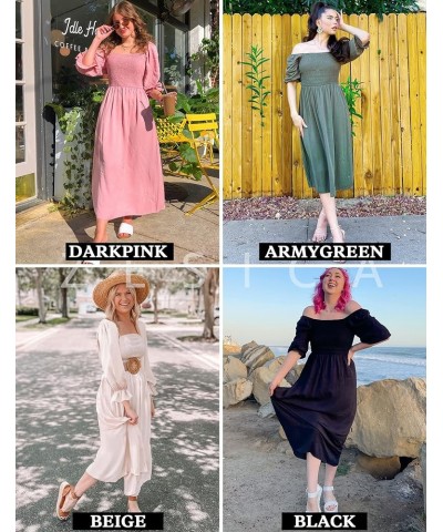 Women's Casual Square Neck 3/4 Puff Sleeve Solid Color Smocked High Waist Flowy Midi Dress Black $20.99 Dresses