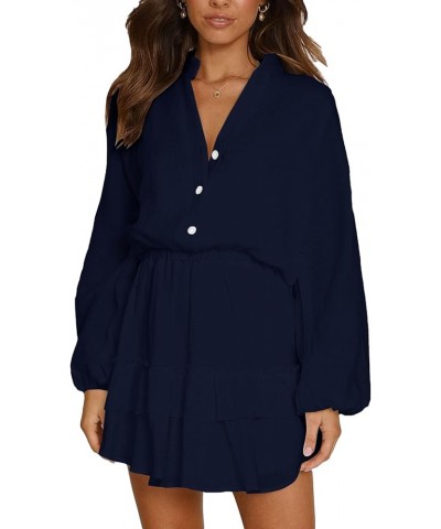 Women's Layer Ruffle Button Front V Neck Elastic Waist Long Sleeve Mini Dress Navy Blue $19.32 Dresses