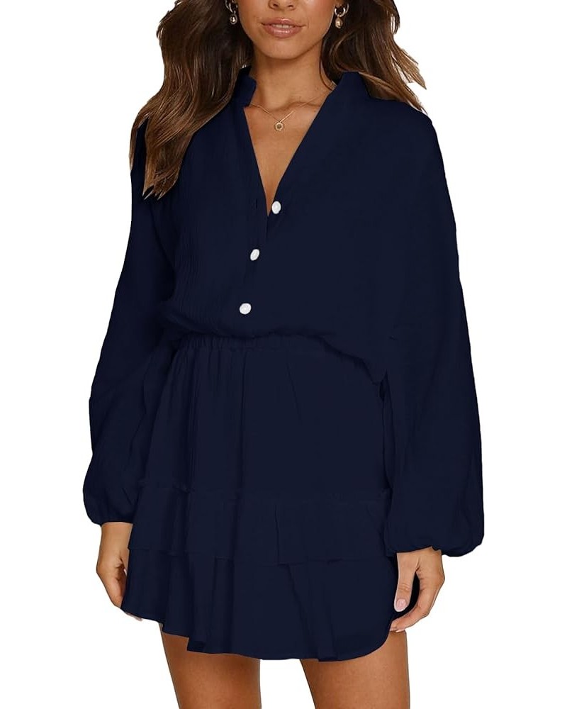 Women's Layer Ruffle Button Front V Neck Elastic Waist Long Sleeve Mini Dress Navy Blue $19.32 Dresses