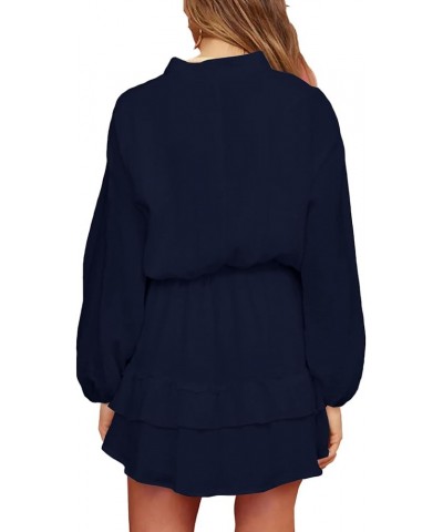 Women's Layer Ruffle Button Front V Neck Elastic Waist Long Sleeve Mini Dress Navy Blue $19.32 Dresses