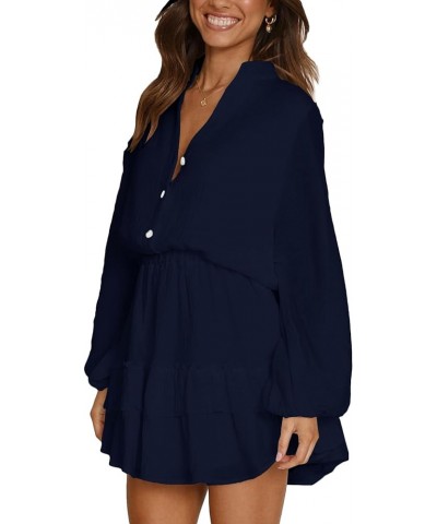 Women's Layer Ruffle Button Front V Neck Elastic Waist Long Sleeve Mini Dress Navy Blue $19.32 Dresses