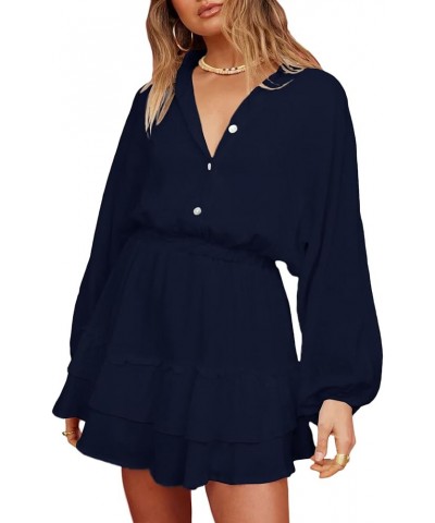 Women's Layer Ruffle Button Front V Neck Elastic Waist Long Sleeve Mini Dress Navy Blue $19.32 Dresses