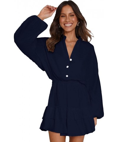 Women's Layer Ruffle Button Front V Neck Elastic Waist Long Sleeve Mini Dress Navy Blue $19.32 Dresses