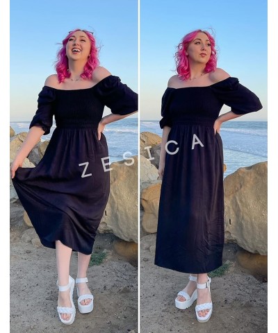 Women's Casual Square Neck 3/4 Puff Sleeve Solid Color Smocked High Waist Flowy Midi Dress Black $20.99 Dresses