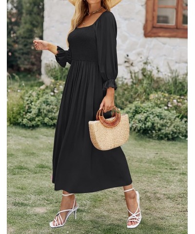 Women's Casual Square Neck 3/4 Puff Sleeve Solid Color Smocked High Waist Flowy Midi Dress Black $20.99 Dresses