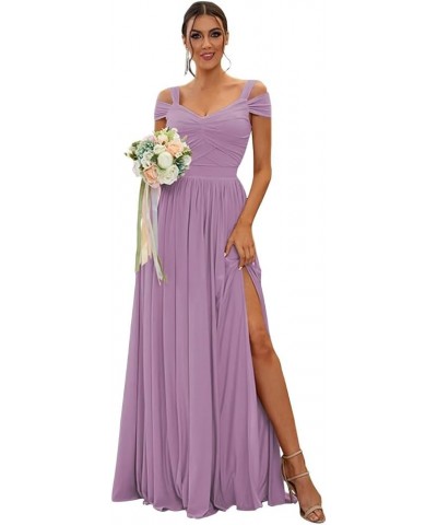 Women's Off The Shoulder Bridesmaid Dresses Long with Slit 2024 Pleated Chiffon Formal Party Dresses BF47 Dusty Purple $28.06...