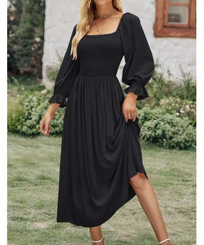 Women's Casual Square Neck 3/4 Puff Sleeve Solid Color Smocked High Waist Flowy Midi Dress Black $20.99 Dresses