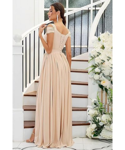 Women's Off The Shoulder Bridesmaid Dresses Long with Slit 2024 Pleated Chiffon Formal Party Dresses BF47 Dusty Purple $28.06...