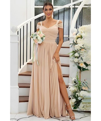 Women's Off The Shoulder Bridesmaid Dresses Long with Slit 2024 Pleated Chiffon Formal Party Dresses BF47 Dusty Purple $28.06...