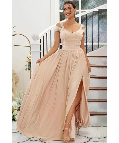 Women's Off The Shoulder Bridesmaid Dresses Long with Slit 2024 Pleated Chiffon Formal Party Dresses BF47 Dusty Purple $28.06...