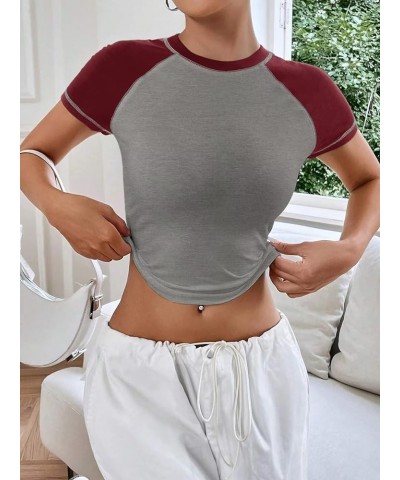 Women's Long Sleeve T Shirts Crewneck Color Block Tops Y2K Slim Fit Shirts Z Wine Grey $11.27 T-Shirts