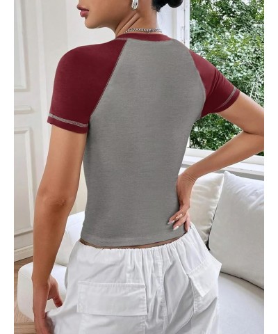 Women's Long Sleeve T Shirts Crewneck Color Block Tops Y2K Slim Fit Shirts Z Wine Grey $11.27 T-Shirts