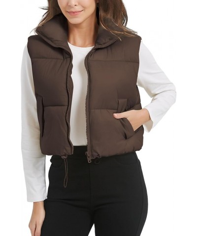 Women's Crop Puffer Vest Stand Collar Zip Up Sleeveless Jacket Winter Padded Coat with Pockets Brown $14.34 Vests