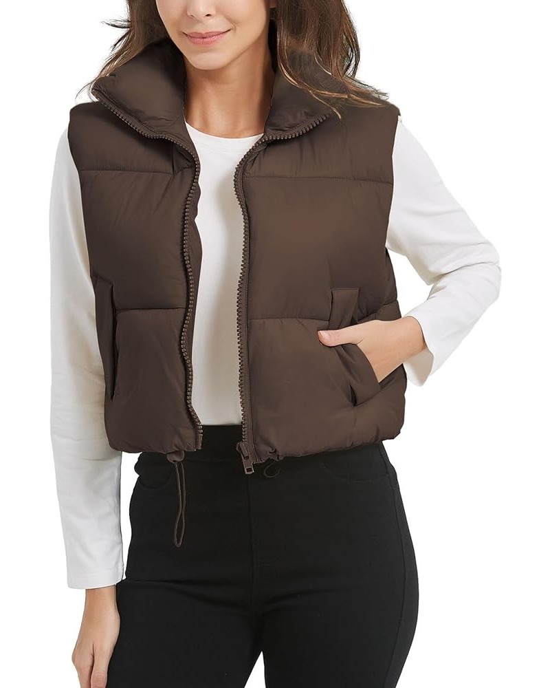 Women's Crop Puffer Vest Stand Collar Zip Up Sleeveless Jacket Winter Padded Coat with Pockets Brown $14.34 Vests