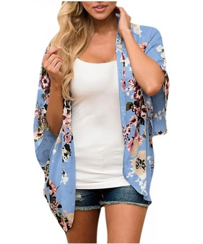 Women's Floral Print Puff Sleeve Kimono Cardigan Loose Cover Up Casual Blouse Tops Blue $6.06 Sweaters