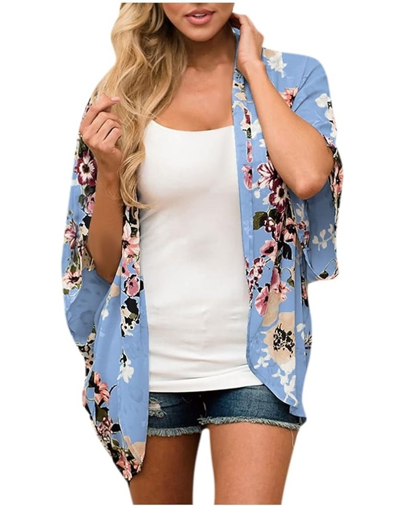 Women's Floral Print Puff Sleeve Kimono Cardigan Loose Cover Up Casual Blouse Tops Blue $6.06 Sweaters