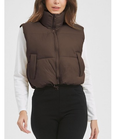 Women's Crop Puffer Vest Stand Collar Zip Up Sleeveless Jacket Winter Padded Coat with Pockets Brown $14.34 Vests