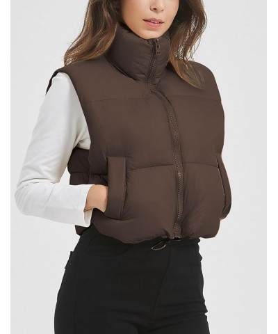 Women's Crop Puffer Vest Stand Collar Zip Up Sleeveless Jacket Winter Padded Coat with Pockets Brown $14.34 Vests