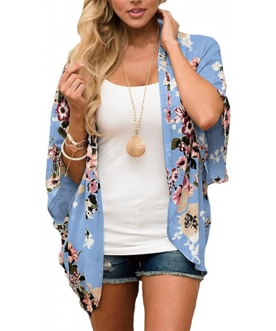 Women's Floral Print Puff Sleeve Kimono Cardigan Loose Cover Up Casual Blouse Tops Blue $6.06 Sweaters