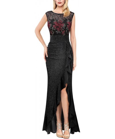 Womens Prom Illusion Sweetheart Formal Maxi Dress Cocktail Patchwork Ruched Ruffle High Split Evening Long Gown Sparkly Black...