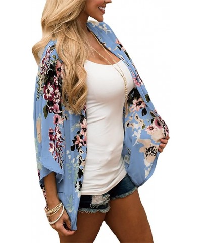 Women's Floral Print Puff Sleeve Kimono Cardigan Loose Cover Up Casual Blouse Tops Blue $6.06 Sweaters