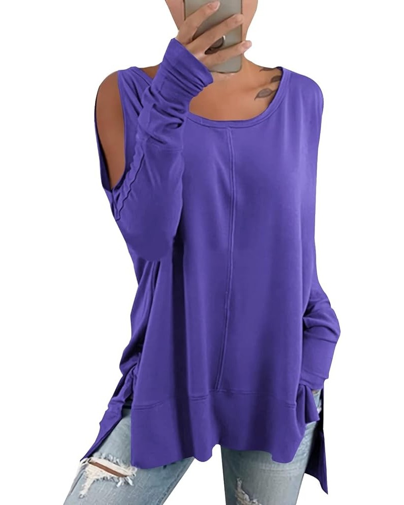 Women's Cold Shoulder Long Sleeve Sweatshirt Casual Crew Neck Side Split Loose Pullover Tops Blouses Purple $20.29 Hoodies & ...