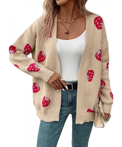 Women's Strawberry Pattern Drop Shoulder Cardigan Long Sleeve Open Front Casual Outerwear Beige $22.54 Sweaters