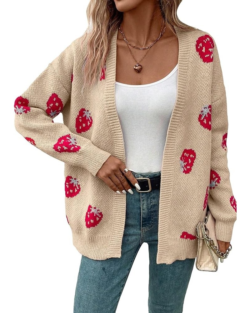 Women's Strawberry Pattern Drop Shoulder Cardigan Long Sleeve Open Front Casual Outerwear Beige $22.54 Sweaters