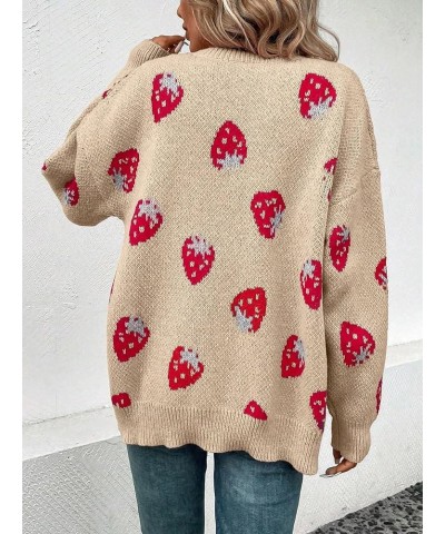 Women's Strawberry Pattern Drop Shoulder Cardigan Long Sleeve Open Front Casual Outerwear Beige $22.54 Sweaters