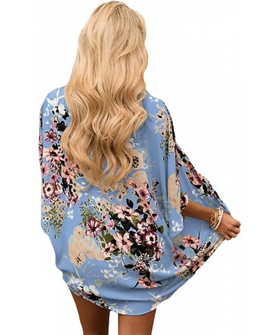 Women's Floral Print Puff Sleeve Kimono Cardigan Loose Cover Up Casual Blouse Tops Blue $6.06 Sweaters