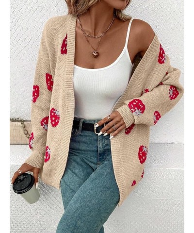 Women's Strawberry Pattern Drop Shoulder Cardigan Long Sleeve Open Front Casual Outerwear Beige $22.54 Sweaters