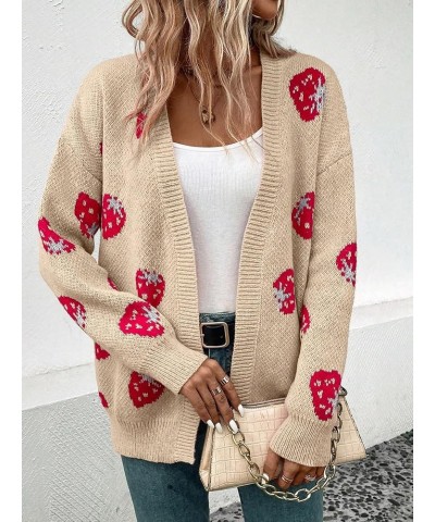 Women's Strawberry Pattern Drop Shoulder Cardigan Long Sleeve Open Front Casual Outerwear Beige $22.54 Sweaters