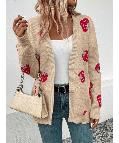 Women's Strawberry Pattern Drop Shoulder Cardigan Long Sleeve Open Front Casual Outerwear Beige $22.54 Sweaters