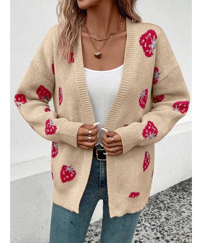 Women's Strawberry Pattern Drop Shoulder Cardigan Long Sleeve Open Front Casual Outerwear Beige $22.54 Sweaters