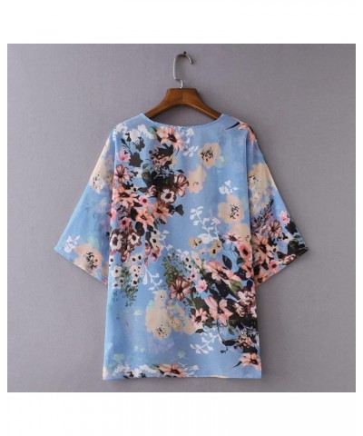 Women's Floral Print Puff Sleeve Kimono Cardigan Loose Cover Up Casual Blouse Tops Blue $6.06 Sweaters