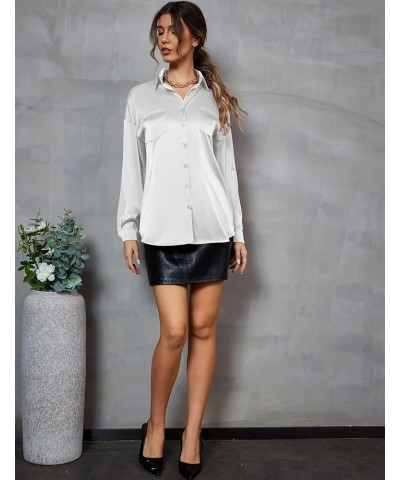 Women's Blouse Satin Silk Button Down Shirts Casual Loose Long Sleeve Roll Up V-Neck Office Blouses Tops with Pockets White $...