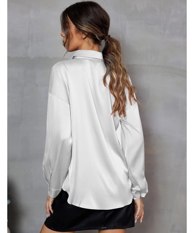 Women's Blouse Satin Silk Button Down Shirts Casual Loose Long Sleeve Roll Up V-Neck Office Blouses Tops with Pockets White $...