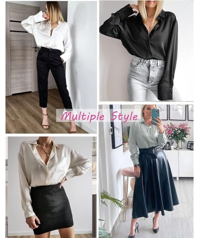 Women's Blouse Satin Silk Button Down Shirts Casual Loose Long Sleeve Roll Up V-Neck Office Blouses Tops with Pockets White $...