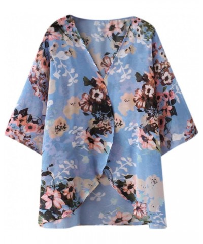 Women's Floral Print Puff Sleeve Kimono Cardigan Loose Cover Up Casual Blouse Tops Blue $6.06 Sweaters