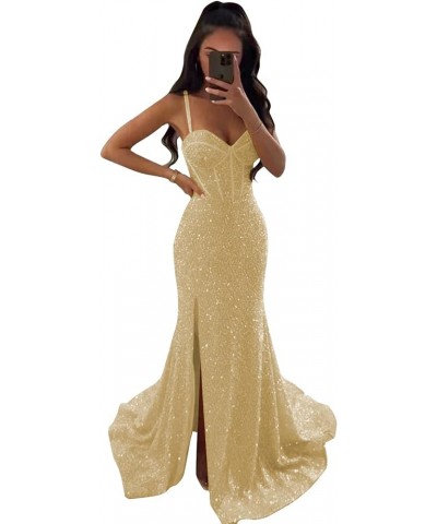 Women's Mermaid Sequin Prom Dresses Ball Gown Long Homecoming Dress V Neck High Slit Evening Formal Dress Champagne $35.70 Dr...